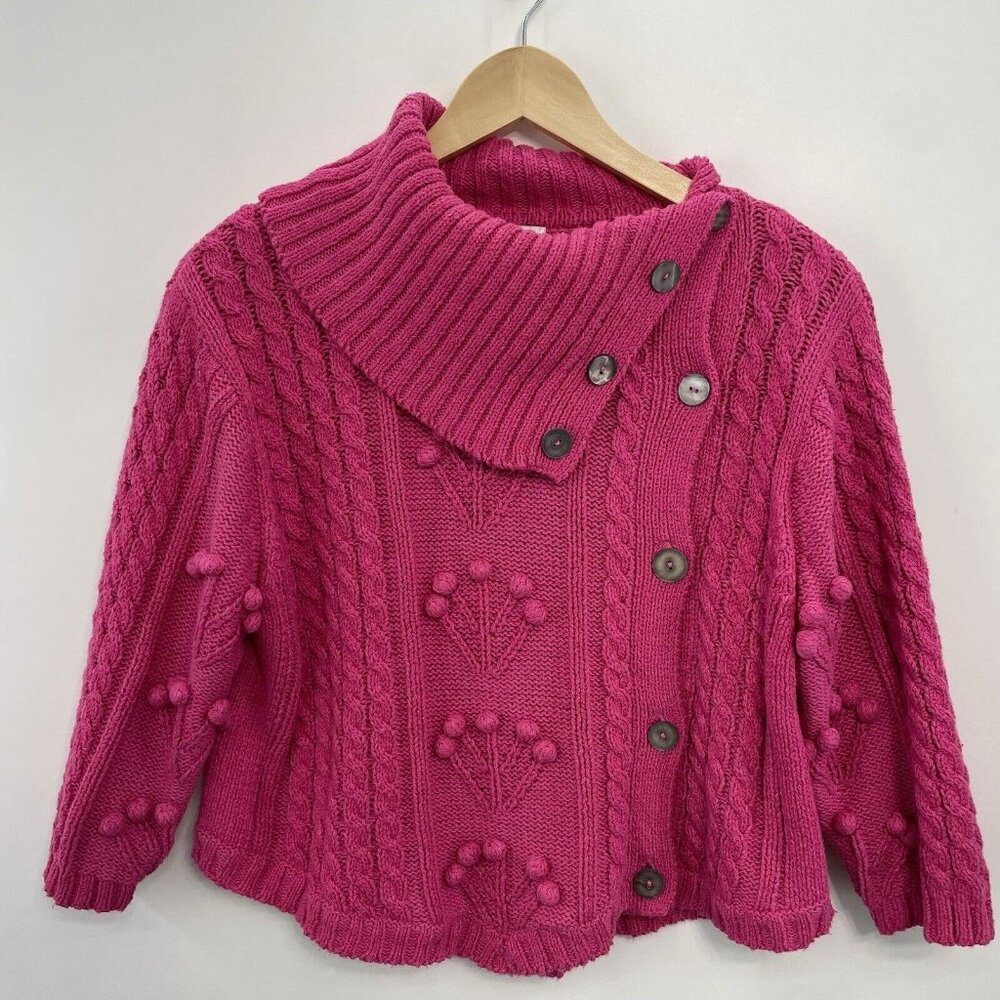 Fia Italia Cardigan Sweater Chunky Cable Knit Cowl Neck Bobbles Pink Womens L